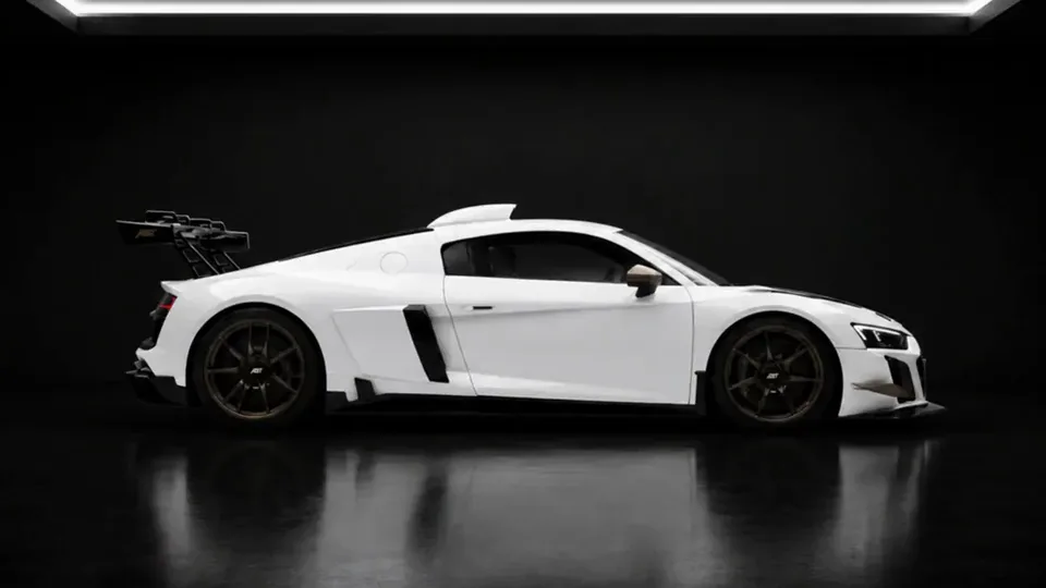 Audi R8 ABT XGT dissected mid-air in a black studio
